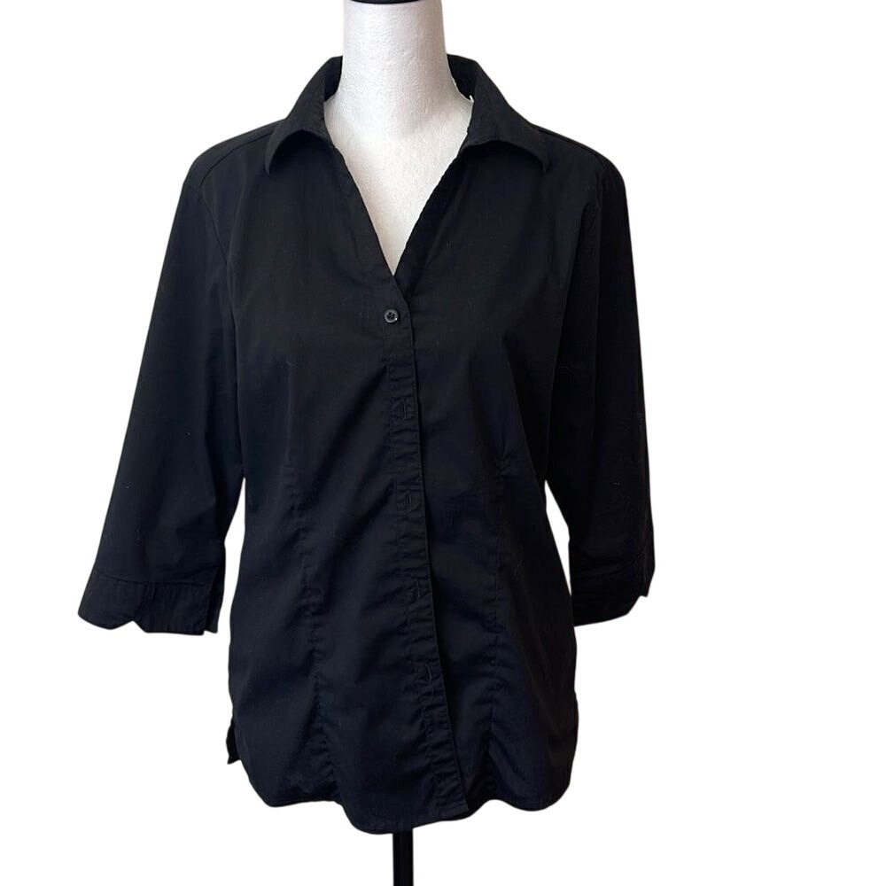Chef Works Womens Button Down Shirts 3/4 Sleeve Collared Top‎ Black Size Medium